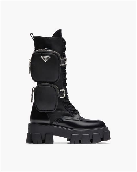 brushed rois leather and nylon monolith boots prada|prada leather boots.